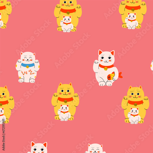 Maneki neko cat pattern, baby cartoon design.