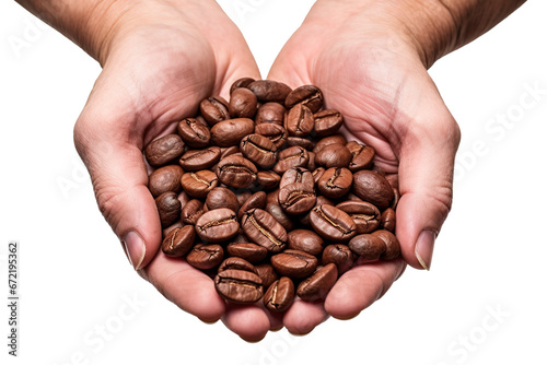 Hands holding coffee beans over isolated transparent background