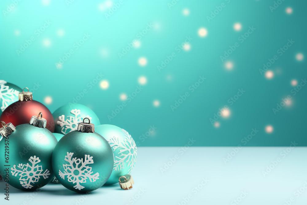 Christmas Card - Holiday baubles and decorative snowflakes on a turquoise pastel background - with space for text Christmas Card - Holiday baubles and decorative snowflakes on a turquoise pastel background - with space for text