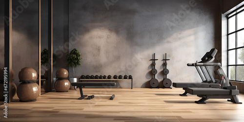 A gym with a large window and Dumbbells on the floor in concept fitness for gym interior design Modern Gym Interior Design Ideas Utilizing Natural Light, Dumbbells, and Open Space AI Generative 