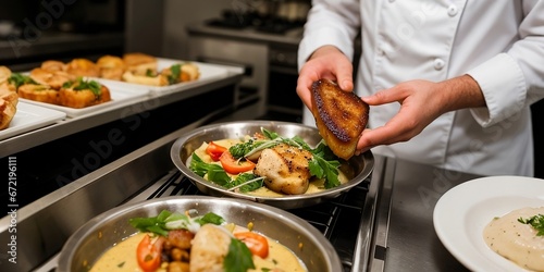 A delicious gourmet dish in a luxury restaurant kitchen is being prepared and waiting to serve