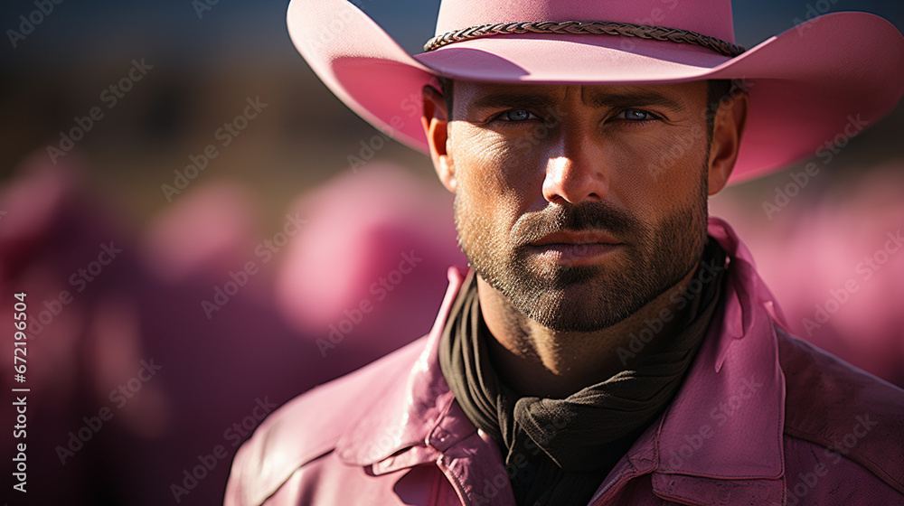 Man in a cowboy hat wearing pink clothes. Man in a cowboy hat wearing pink clothes.
