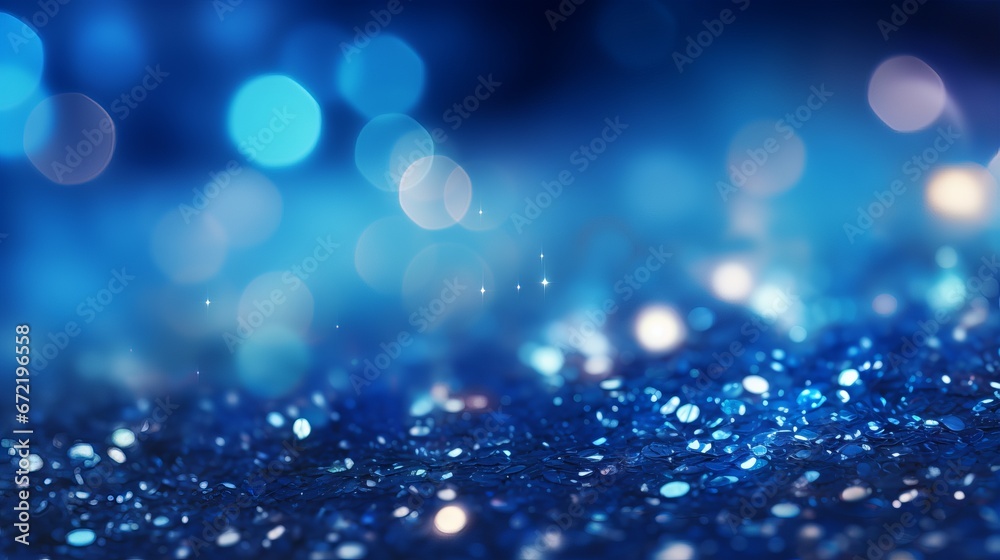 Sapphire glitter bokeh background with shimmering royal blue sparkles and crystal droplets