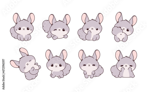 Fototapeta Naklejka Na Ścianę i Meble -  Set of Kawaii Isolated Chinchilla. Collection of Vector Cartoon Rodent Illustrations for Stickers, Baby Shower, Coloring Pages, Prints for Clothes
