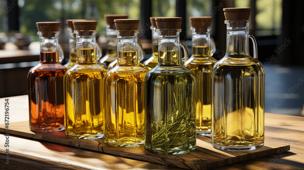 Olive oil bottles on the table. Olive oil bottles on the table.
