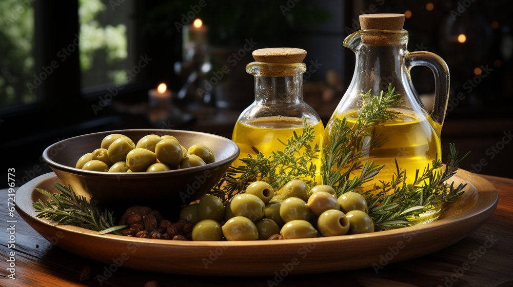 Olive oil bottles on the table. Olive oil bottles on the table.