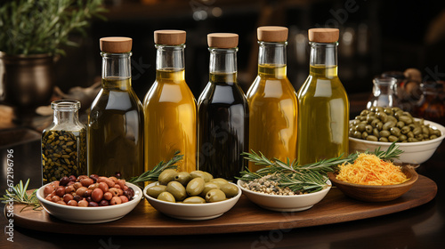 Olive oil bottles on the table.