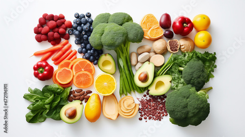Collection of Healthy Food  Vegetables and Fruits  Vegan Nutrition. Top Up View. Ai generative.