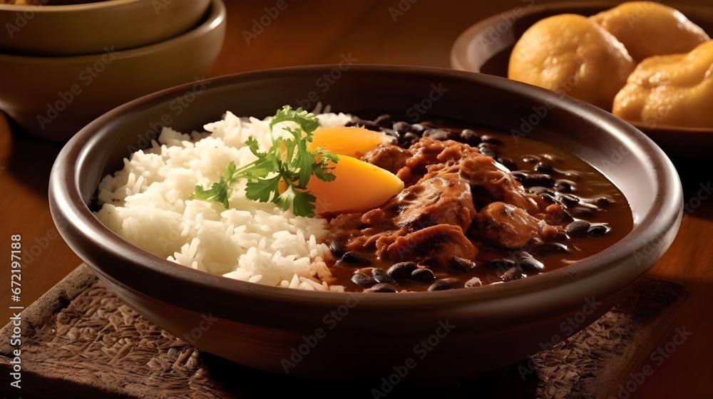 A plate featuring feijoada, a traditional Brazilian black bean stew with pork and sausage, accompanied by a side of white rice, farofa, and slices of orange A plate featuring feijoada, a traditional Brazilian black bean stew with pork and sausage, accompanied by a side of white rice, farofa, and slices of orange