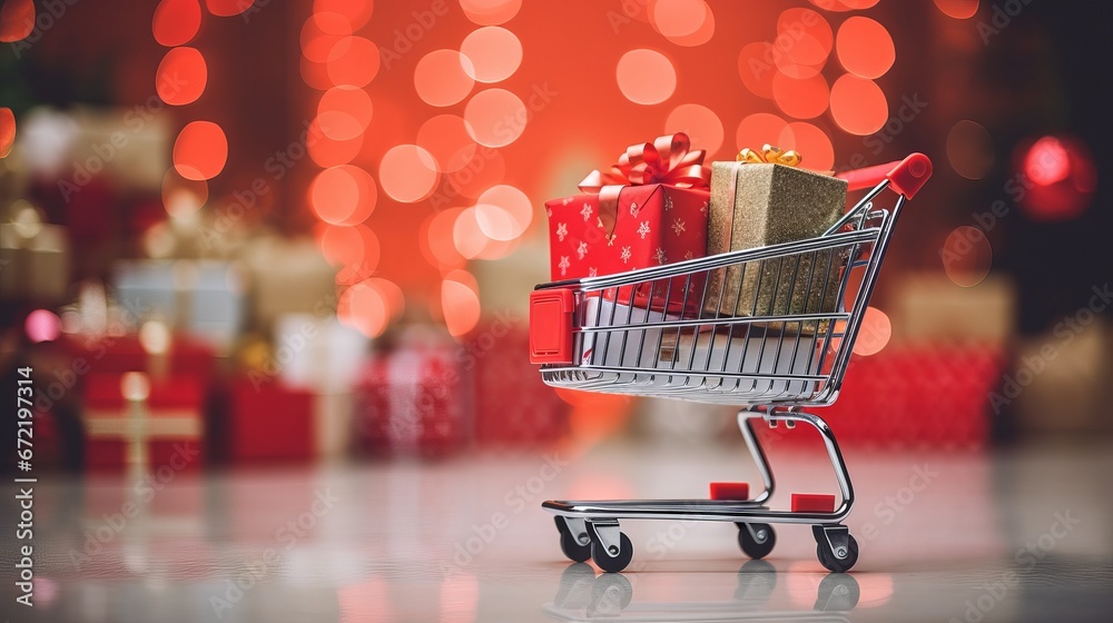 Christmas and new year shopping concept: gift boxes with red bows in a toy cart