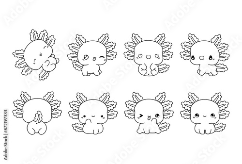 Set of Kawaii Isolated Axolotl Coloring Page. Collection of Cute Vector Cartoon Animal Outline for Stickers, Baby Shower, Coloring Book, Prints for Clothes
