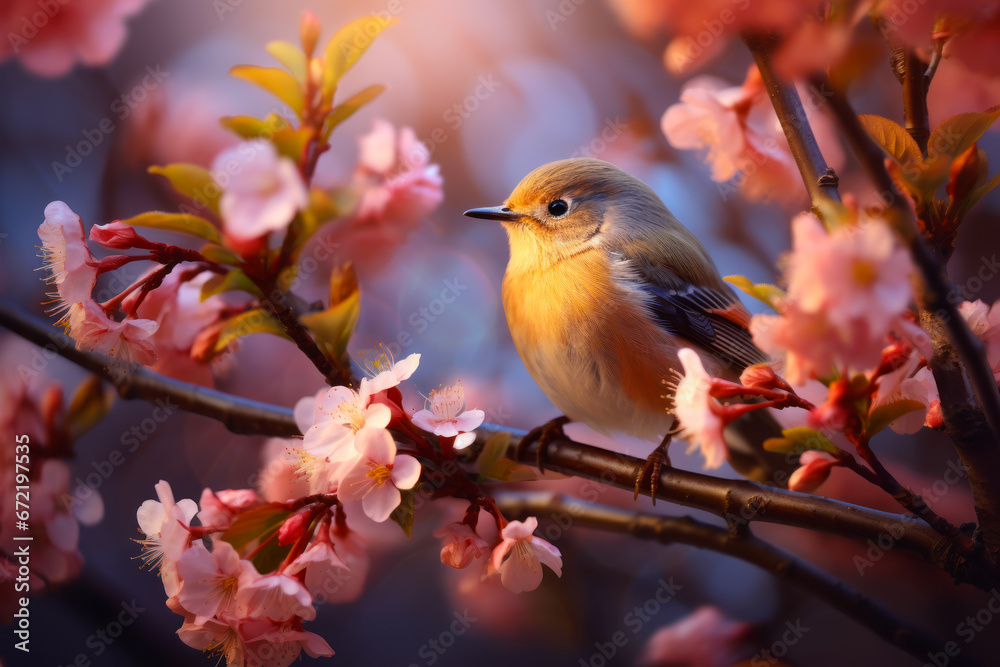 Escena de la naturaleza en primavera: Pájaro hermoso apoyado en una rama de almendro en flor.