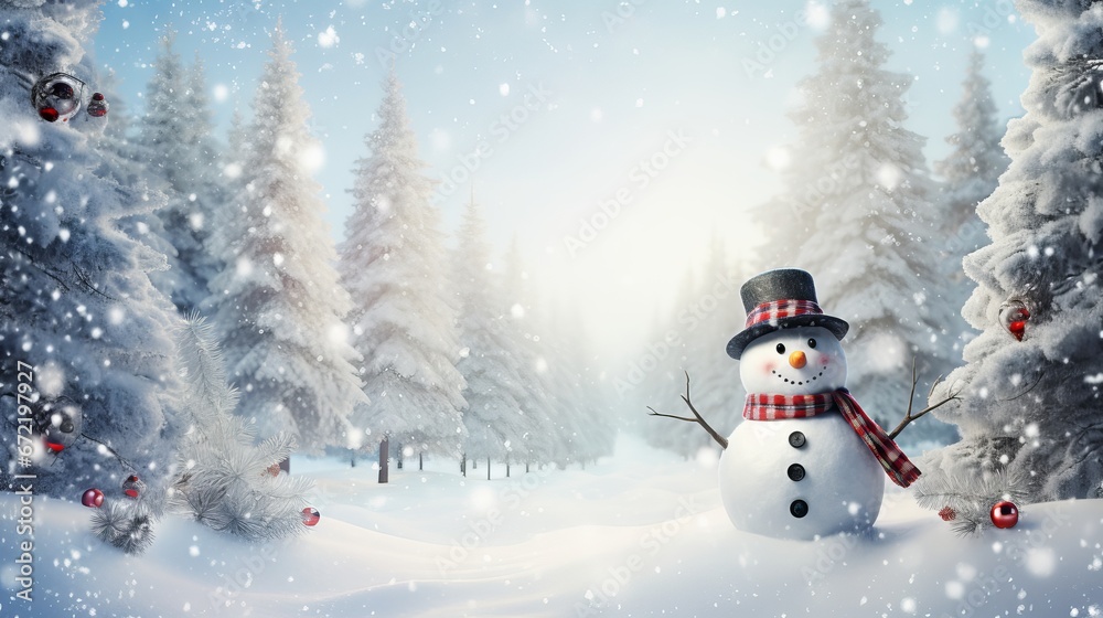 Fototapeta premium Snowy winter landscape with cute snowman and pine trees vector illustration with copy space