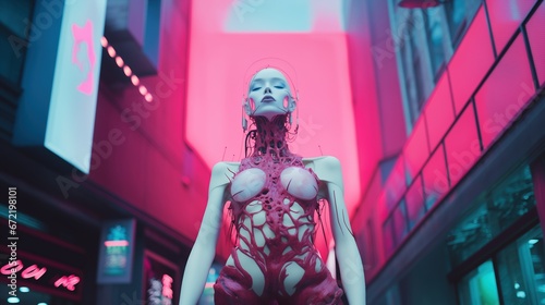 Cyberpunk city female robot, high value new generation android with bald head, exaggerated humanoid features and latest hardware implant upgrades. © SoulMyst