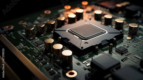 Powerhouse GPU: A close-up view of a modern GPU graphic card on a dark background, showcasing the cutting-edge technology behind high-performance gaming and computing. Tech industry innovation