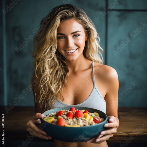 Sporty woman eating a healthy bowl with fruit.