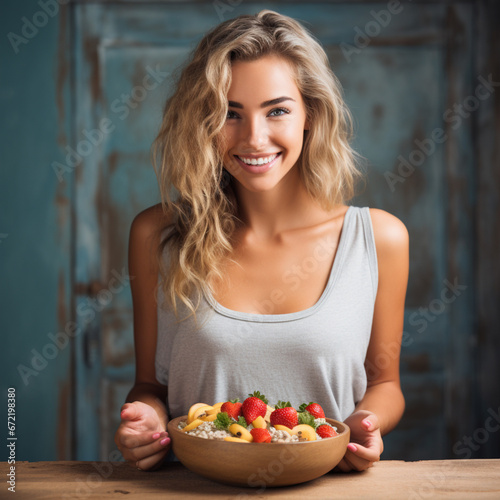 Sporty woman eating a healthy bowl with fruit.