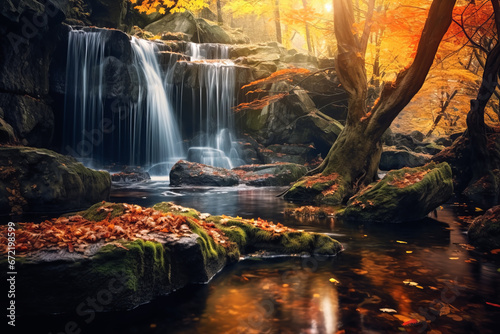 Waterfall in the autumn forest in background of shining. Landscape concept of nature and water.
