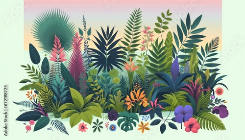 Tropical Paradise  Diverse Botanical Illustration with Lush Foliage