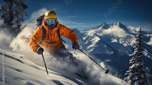 Mountain Descent  Skier Carving Down Slopes on Sunny Day