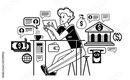 Online banking vector outline illustration, manager working with finances or customer manages his account with deposit or credit, e-banking.
