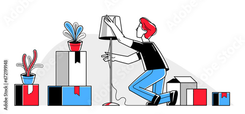 Moving to new apartment or business moving to new office, person carry and unpack boxes with stuff, beginning of new life, vector outline illustration.