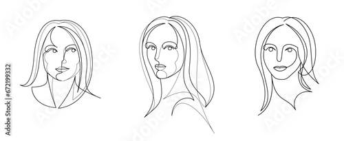 Woman beauty face vector linear illustrations set, delicate line art of attractive girl portraits collection, abstract feminine drawings minimal style isolated.