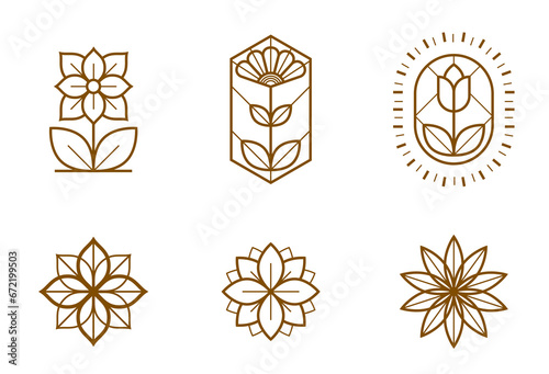 Beautiful geometric flower logos vector linear designs set, sacred geometry line drawing emblems or symbols collection, blossoming flower hotel or boutique or jewelry logotypes.