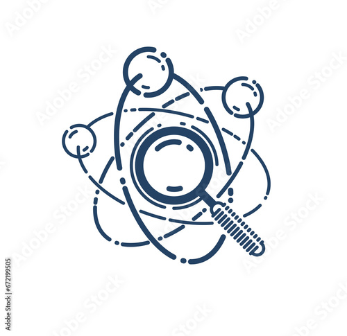Magnifying glass and atom vector simple linear icon, science physics line art symbol, research technology and analisys.