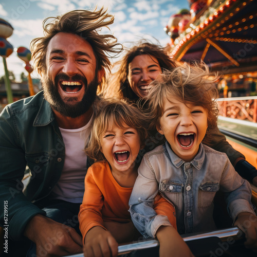 Thrills Together: Family with Smiles on Amusement Park Rollercoaster