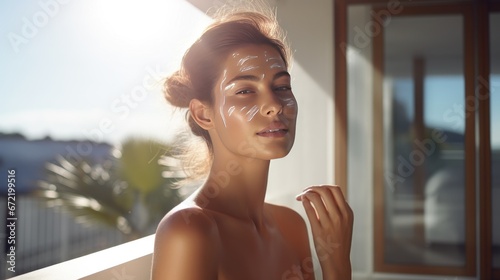 Woman treating or taking care of facial skin at home  women and beauty  fashion