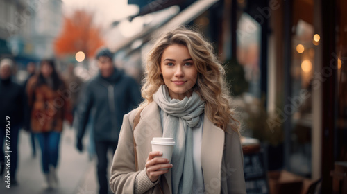 beautiful young woman in beige coat and scarf holding cup of coffee in city