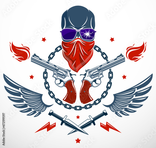 Anarchy and Chaos aggressive emblem or logo with wicked skull, weapons and different design elements , vector vintage scull tattoo, rebel gangster criminal and revolutionary.