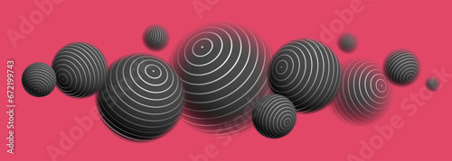 Blurred spheres over red vector abstract background, defocused balls levitating wallpaper.