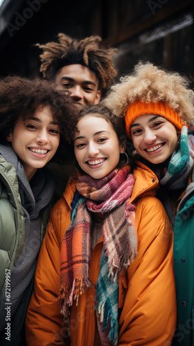 studio portraits of young group of people of diverse ethnicities hanging out together in colorful winter clothing