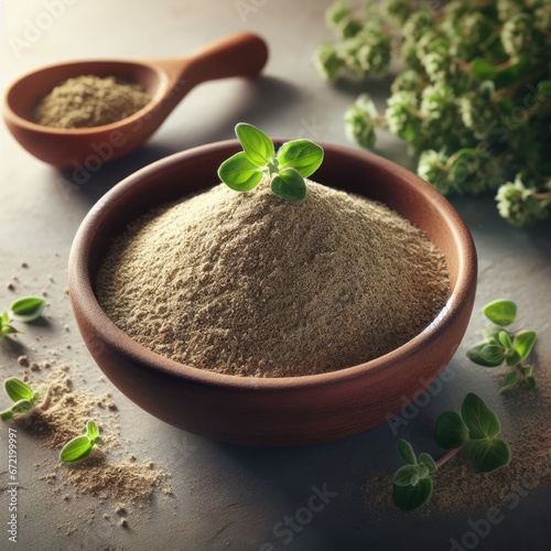 spices in a wooden bowl with herbs ingredient food background for social media