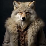 Fashionable antropomorphic portrait of wolf on black background. The wolf has a light brown jacket.