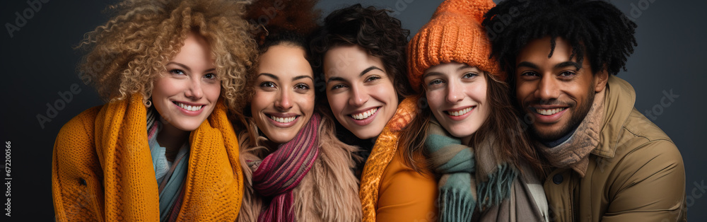studio portraits of young group of people of diverse ethnicities hanging out together in colorful winter clothing studio portraits of young group of people of diverse ethnicities hanging out together in colorful winter clothing
