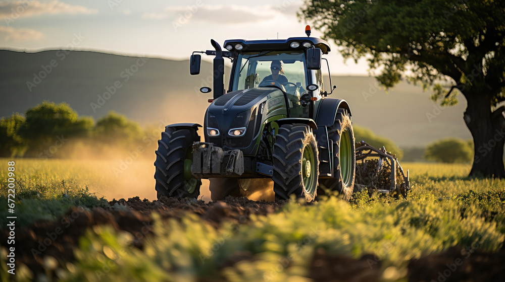Morning Farming Beginnings: Tractor in Newly Tilled Soil Morning Farming Beginnings: Tractor in Newly Tilled Soil