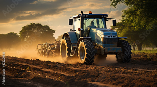 Early Riser: Tractor at Work in Morning Plowed Field photo