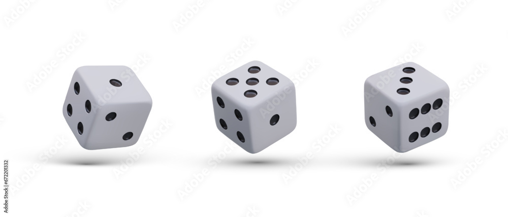 Dice in different positions. Game cubes. Set of images with shadows on white background. Effect of chance, probability, fortune. Casino and betting game element Dice in different positions. Game cubes. Set of images with shadows on white background. Effect of chance, probability, fortune. Casino and betting game element