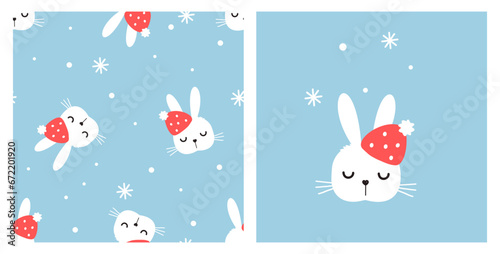 Seamless pattern with bunny rabbit cartoons, Santa hat and snowflakes on blue background vector illustration.