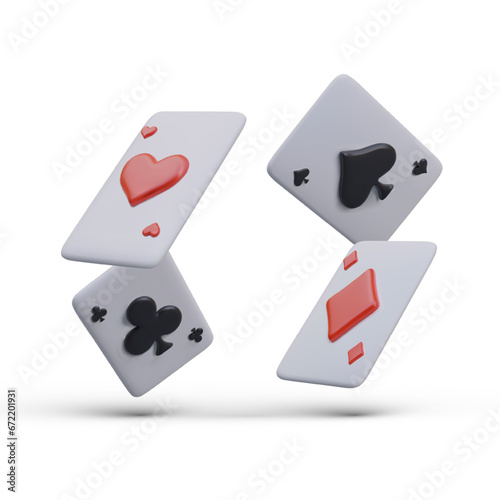 Floating realistic playing cards. Winning combination, set of aces of different suits. Vector illustration with shadow. Image for casino, gambling club