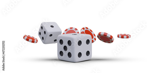 Poster with cubes in different positions and red chips. Risk and gamble in casino. Flying objects for online casino and mobile gambling applications. Vector illustration in 3D style