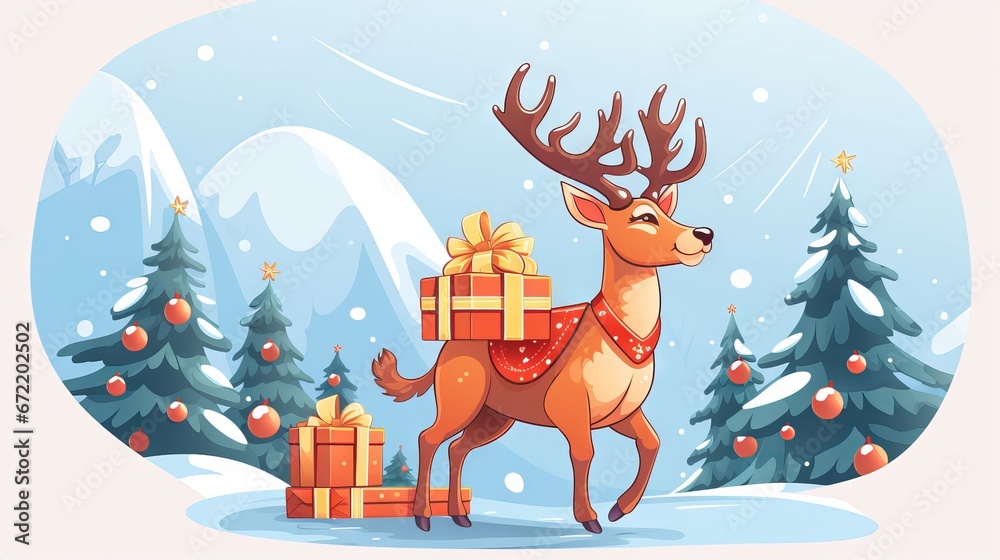 Fototapeta premium Colorful and cute reindeer delivering Christmas presents in 2d flat design