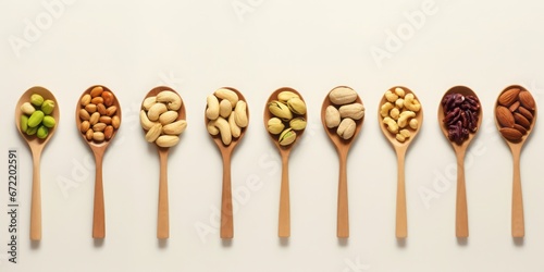 Minimal flat concept of nuts on the wooden spoon isolated on white background.