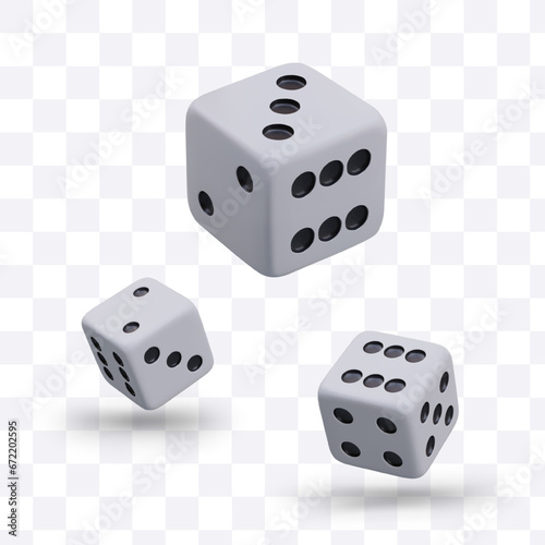 3D gamble game cubes in different positions and sizes. Casino, gambling, and board games. White cubes with random numbers. Object for board games. Vector illustration in 3D style