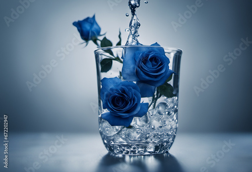 グラスに入った青いバラに水が注がれる瞬間 photo