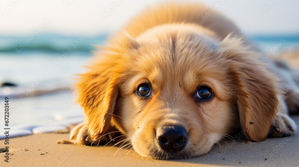 puppy dog lying on beach and looking