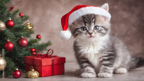 portrait of happy cute kitten wearing santa hat and celebrating Christmas holidays Christmas tree and Christmas lights in background